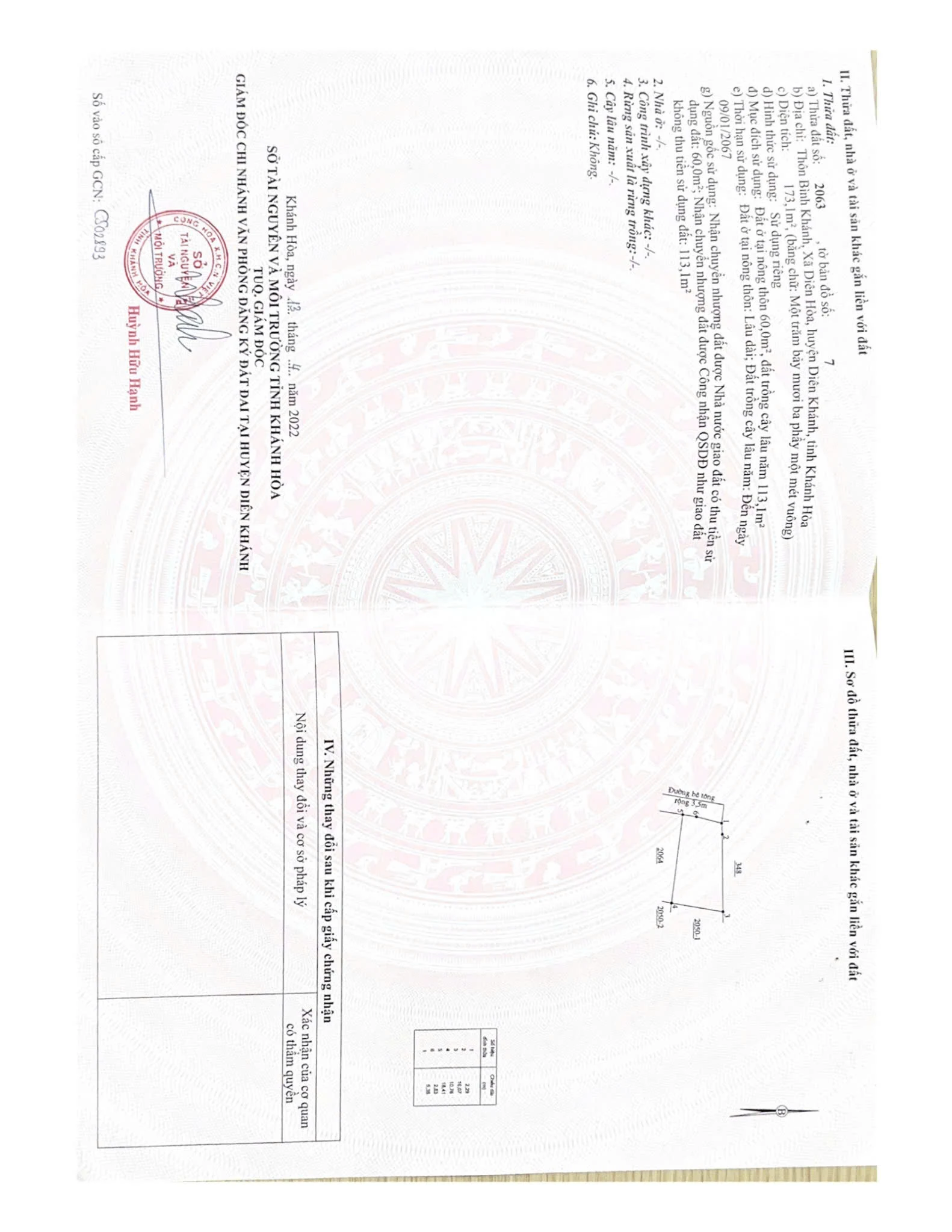 Trang 2 và 3 Giấy chứng nhận quyền sử dụng đất của thửa 2063, tờ bản đồ số 7 tại Diên Hòa, Diên Khánh, Khánh Hòa